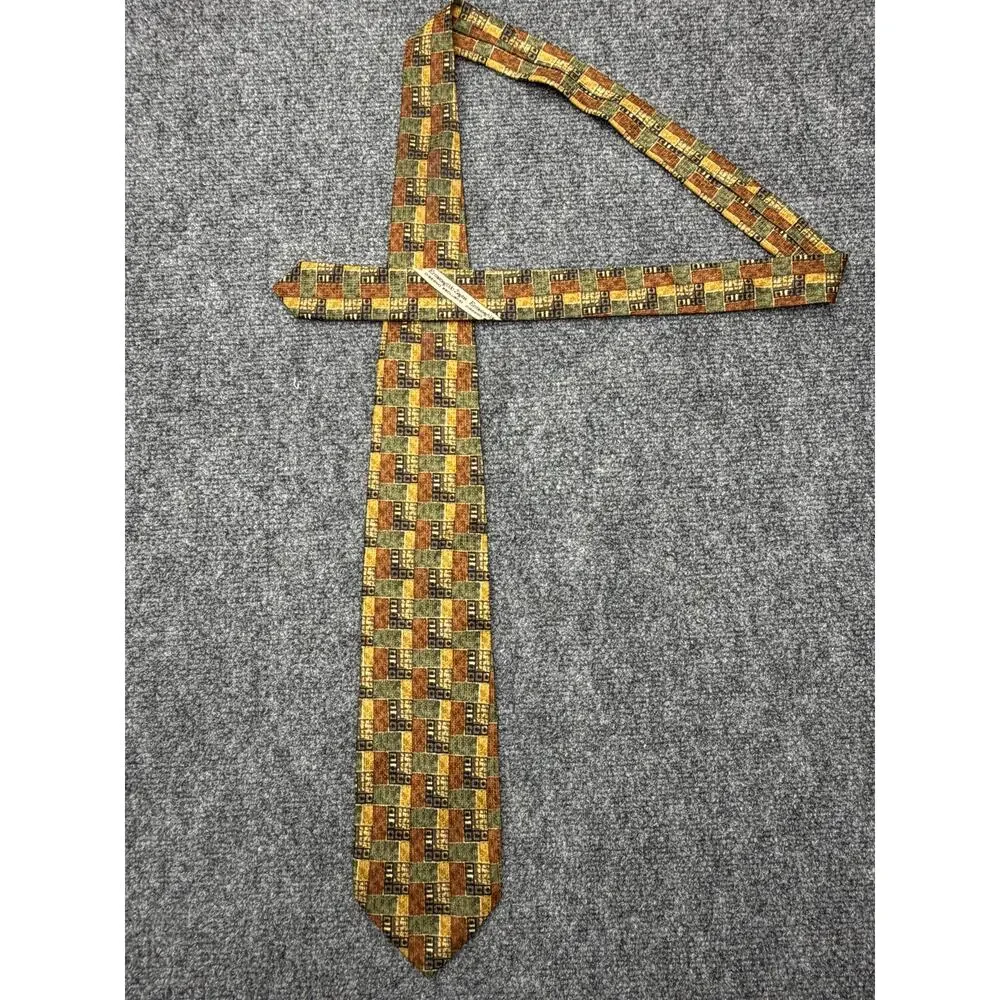 Ermenegildo Zegna Mens Silk Tie Brown Green Gold Geometric Made Italy